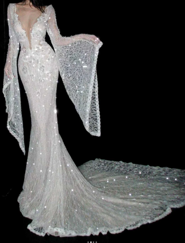 Niulatu V-neck Mermaid Wedding Dresses Lace Beading White Bridal Gowns Long Sleeves Backless Bridal Dresses HZ1026
